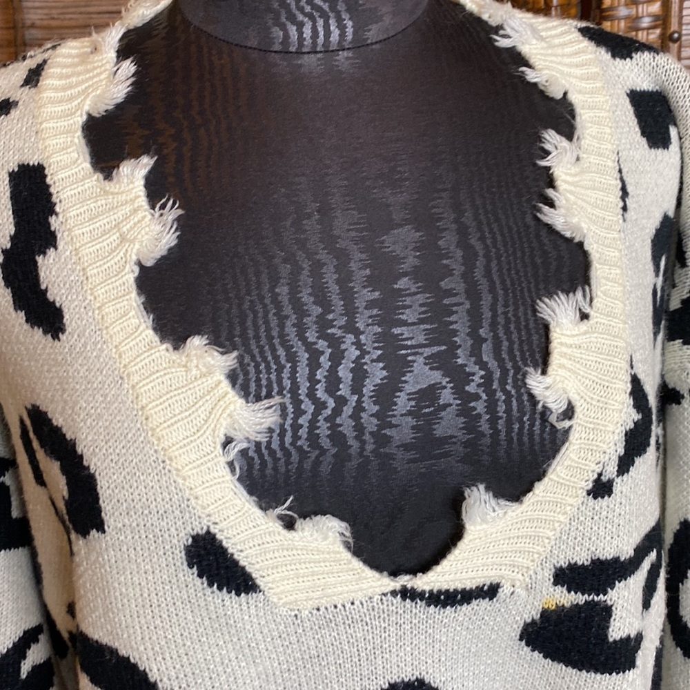Women’s Cream and Black Distressed Leopard Print Sweater - Picture 2 of 7